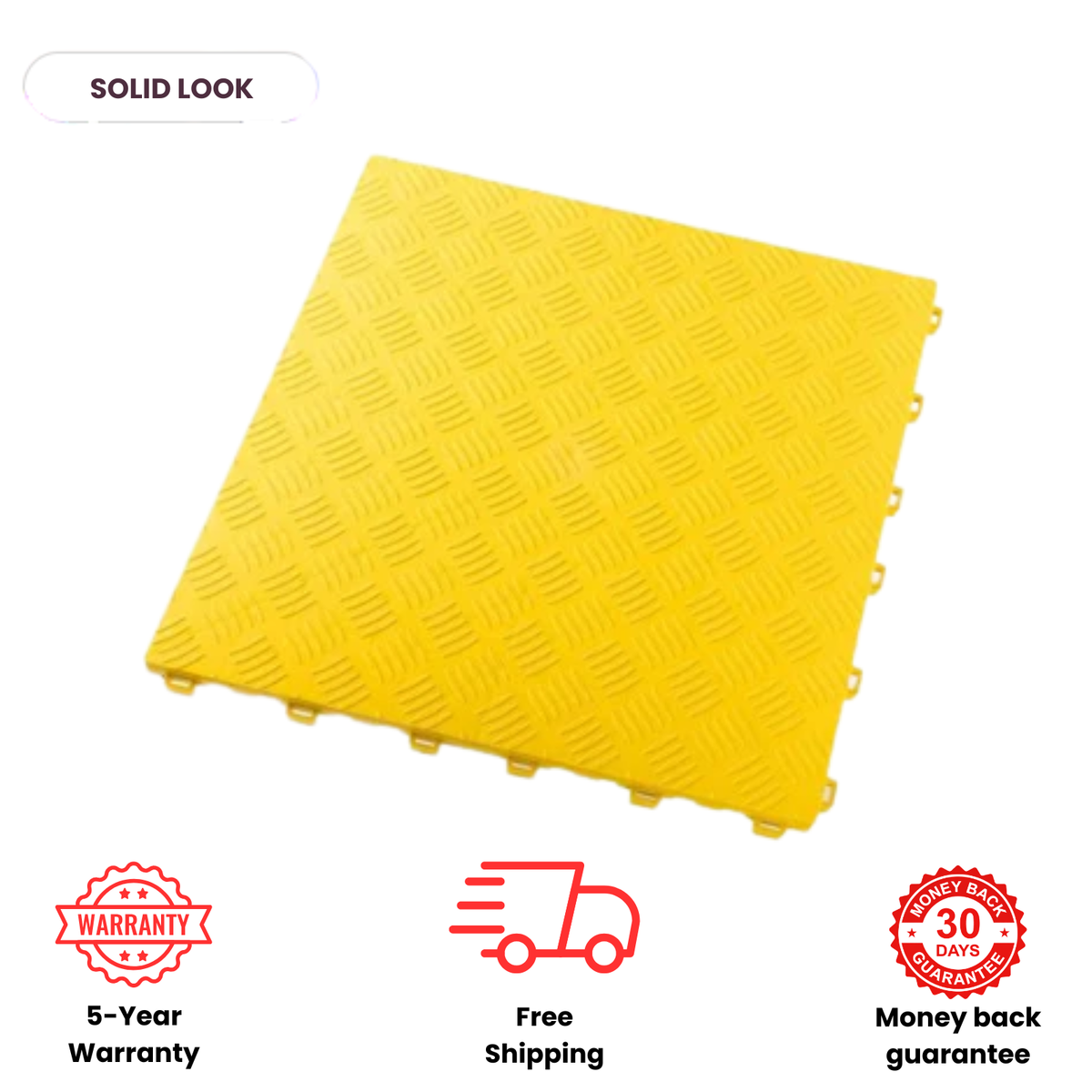 Yellow TITAN interlocking floor tile with a raised diamond-tread pattern, shown at an angle.
