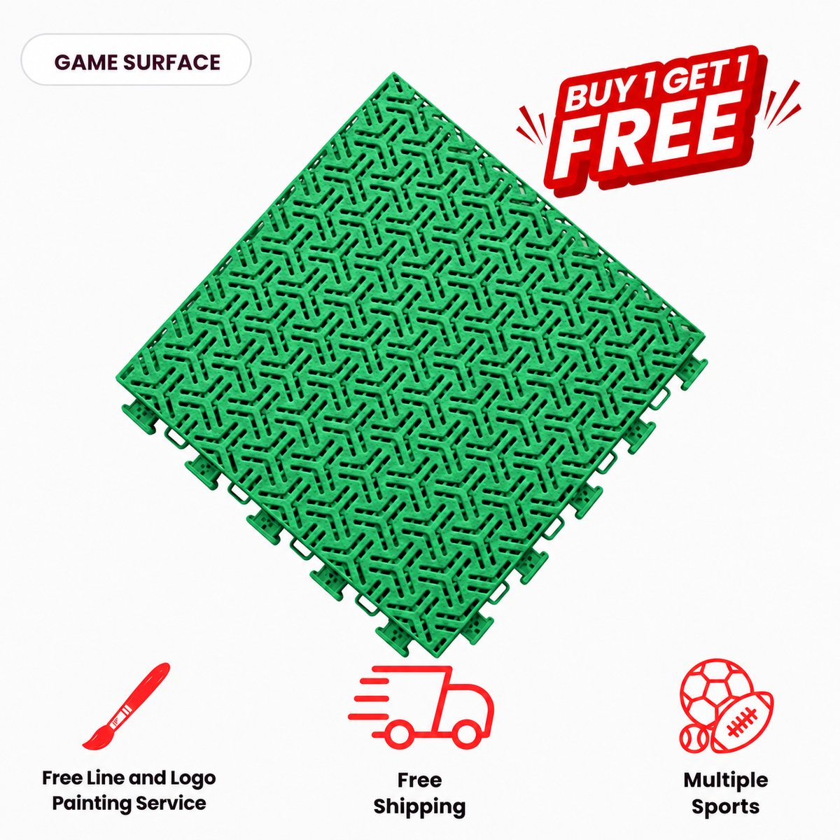 Green Tru Court interlocking athletic tile with an open textured surface, shown diagonally.