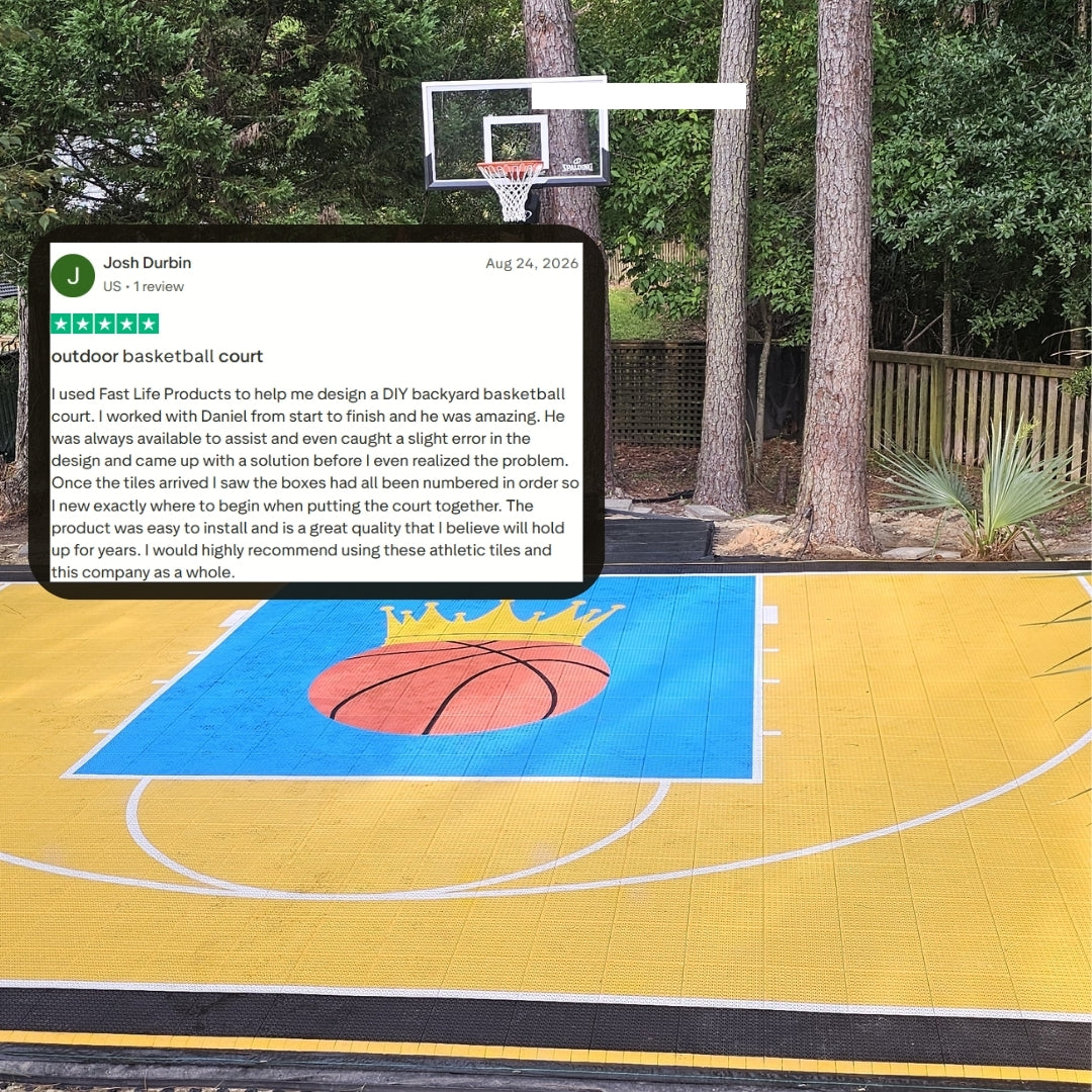 Customer-review graphic over a yellow and blue backyard basketball court with a large basketball design.