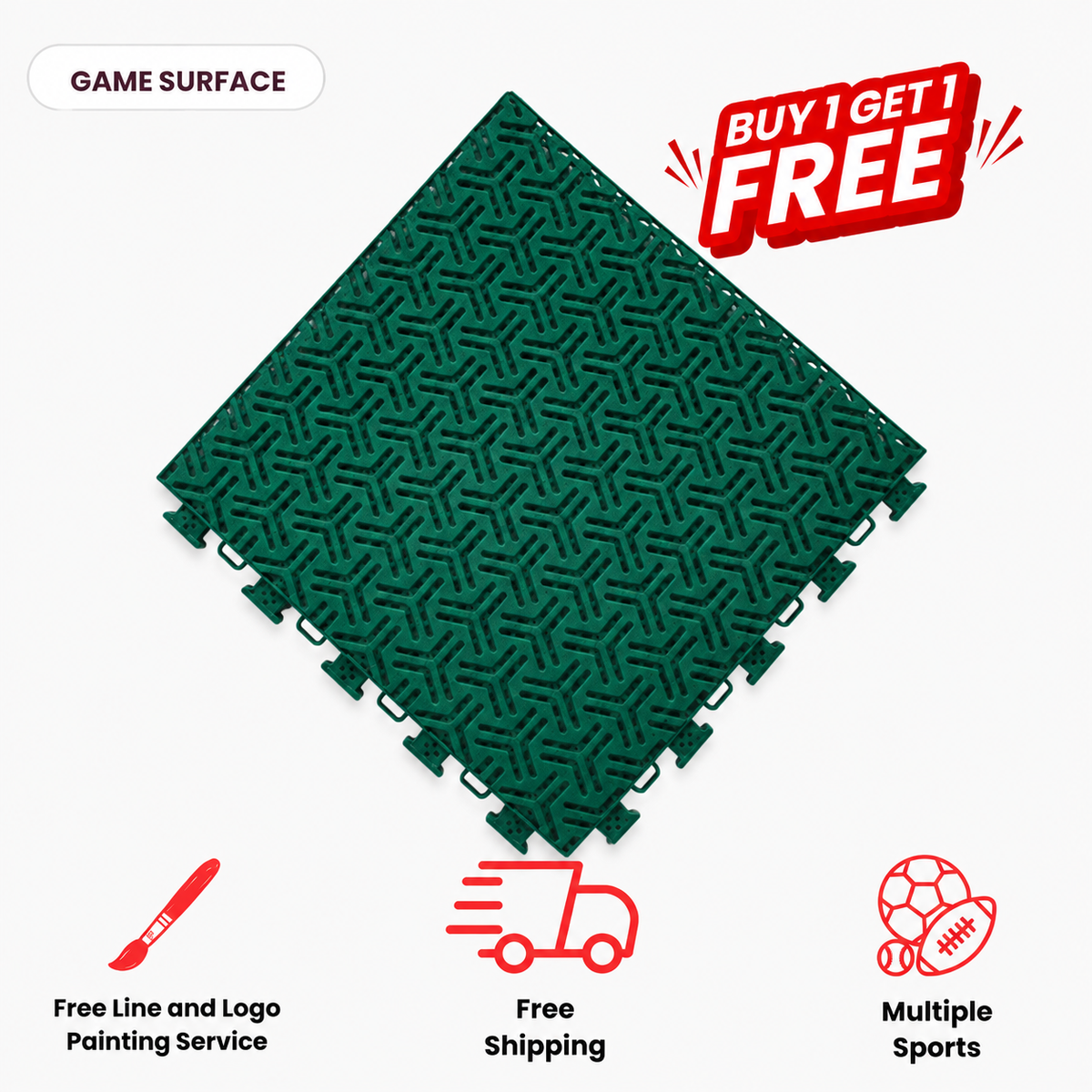 Dark green Tru Court interlocking athletic tile with an open textured surface, shown diagonally.