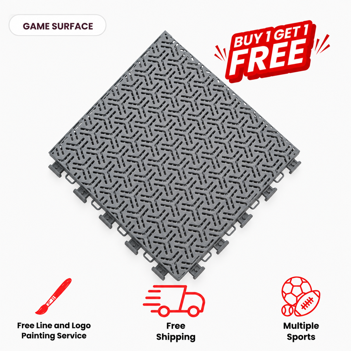 Light gray Tru Court interlocking athletic tile with an open textured surface, shown diagonally.
