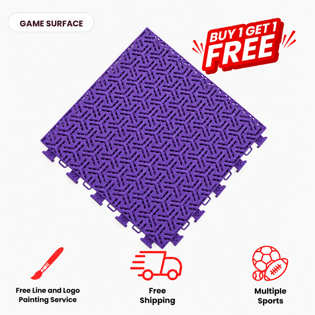 Purple Tru Court interlocking athletic tile with an open textured surface, shown diagonally.