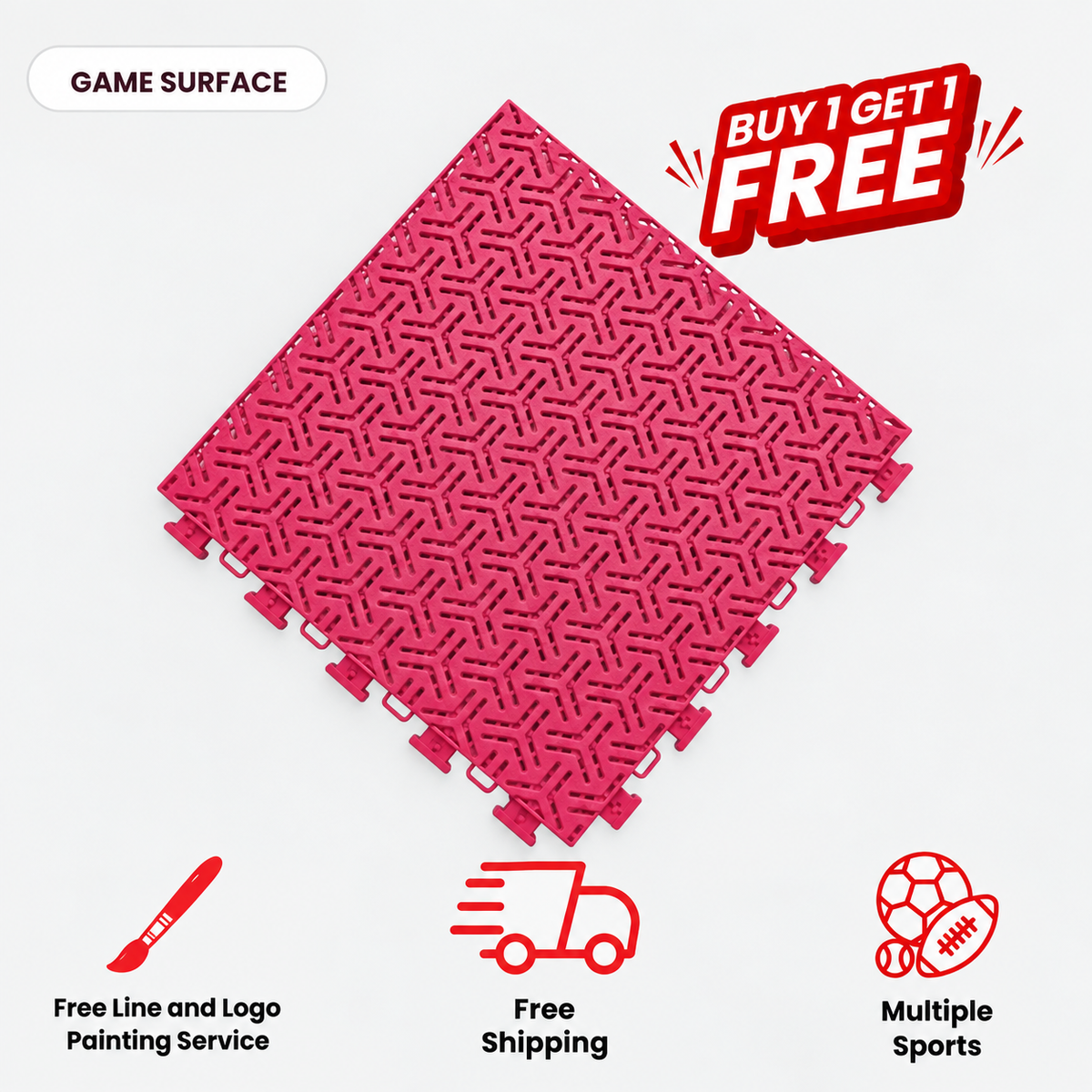Bright pink Tru Court interlocking athletic tile with an open textured surface, shown diagonally.