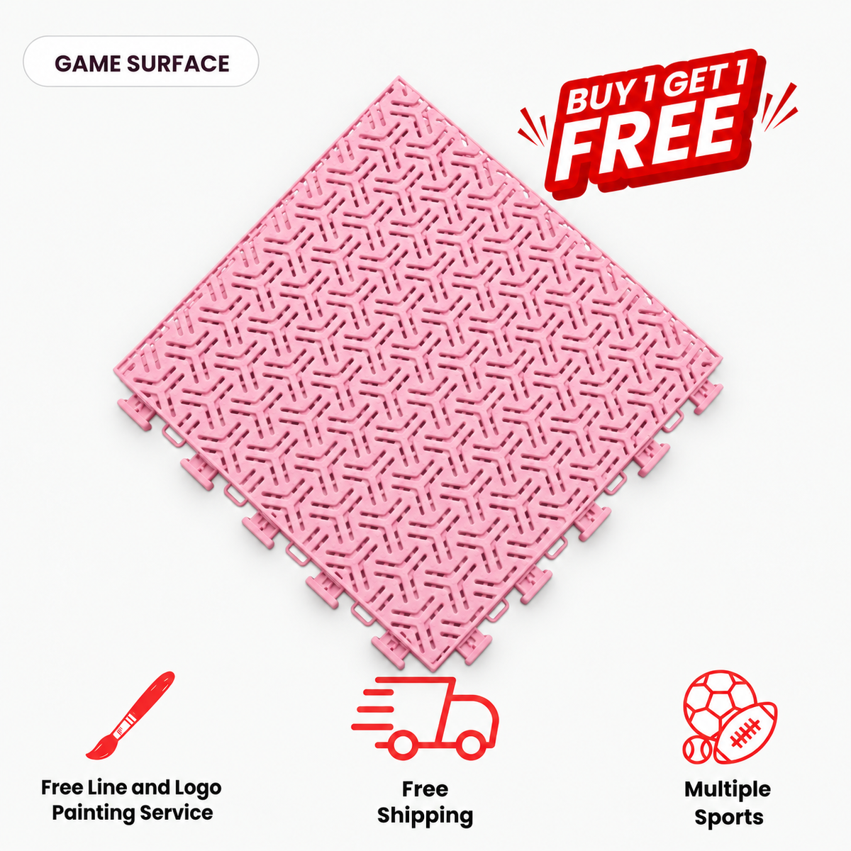 Light pink Tru Court interlocking athletic tile with an open textured surface, shown diagonally.