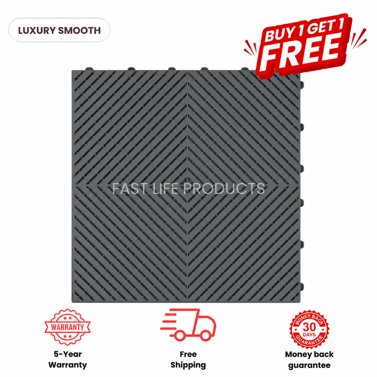 Dark gray APEX Smooth garage tile with a diagonal slotted pattern, viewed from above.