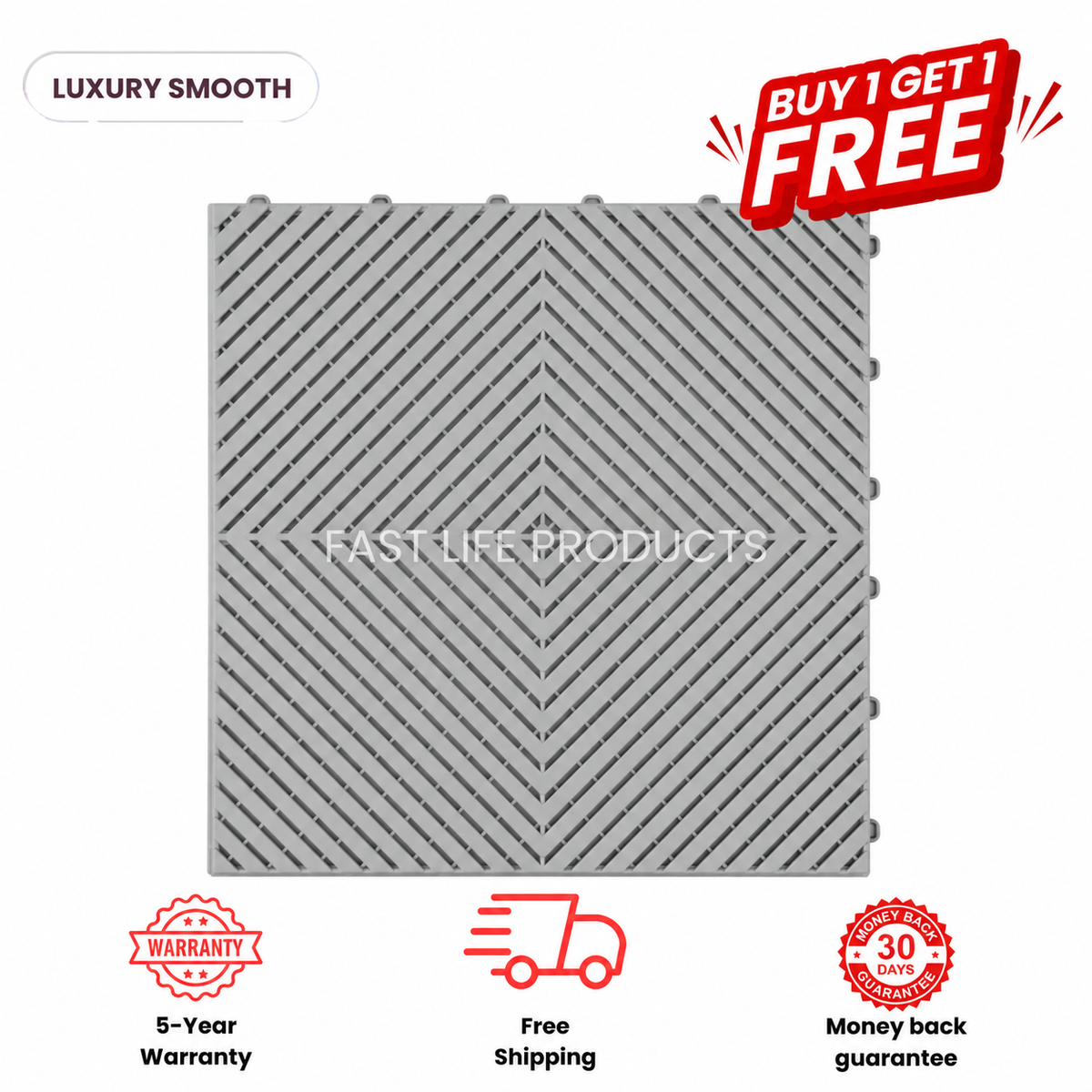 Light gray APEX Smooth garage tile with a diagonal slotted pattern, viewed from above.