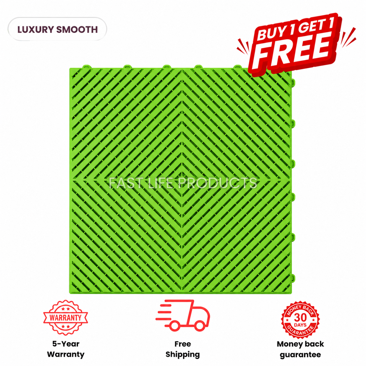 Lime green APEX Smooth garage tile with a diagonal slotted pattern, viewed from above.