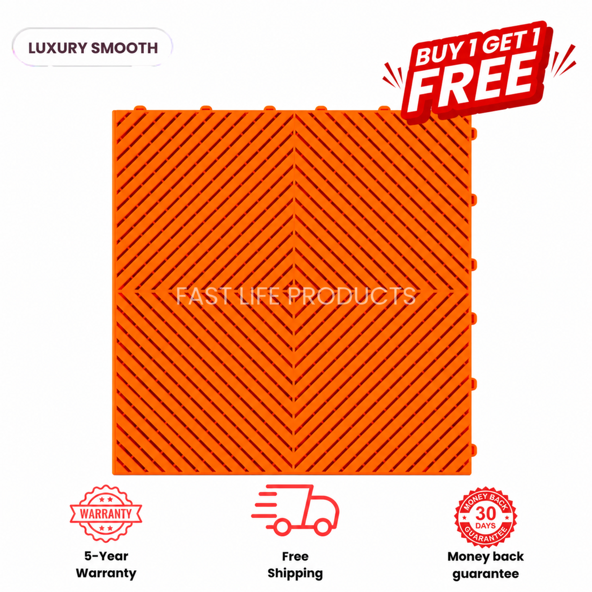 Orange APEX Smooth garage tile with a diagonal slotted pattern, viewed from above.