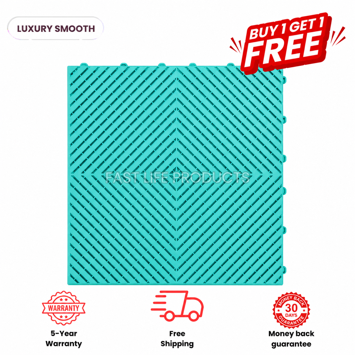 Turquoise APEX Smooth garage tile with a diagonal slotted pattern, viewed from above.